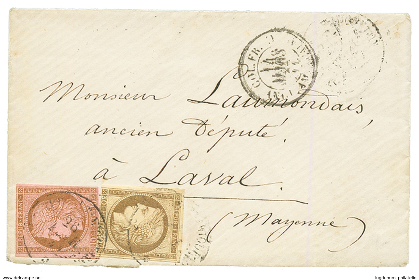 1876 CG 10c + 30c CERES Obl. ST PIERRE ET MIQUELON (frappe Mal Venue) Sur Env. Pour La FRANCE. B/TB. - Andere & Zonder Classificatie