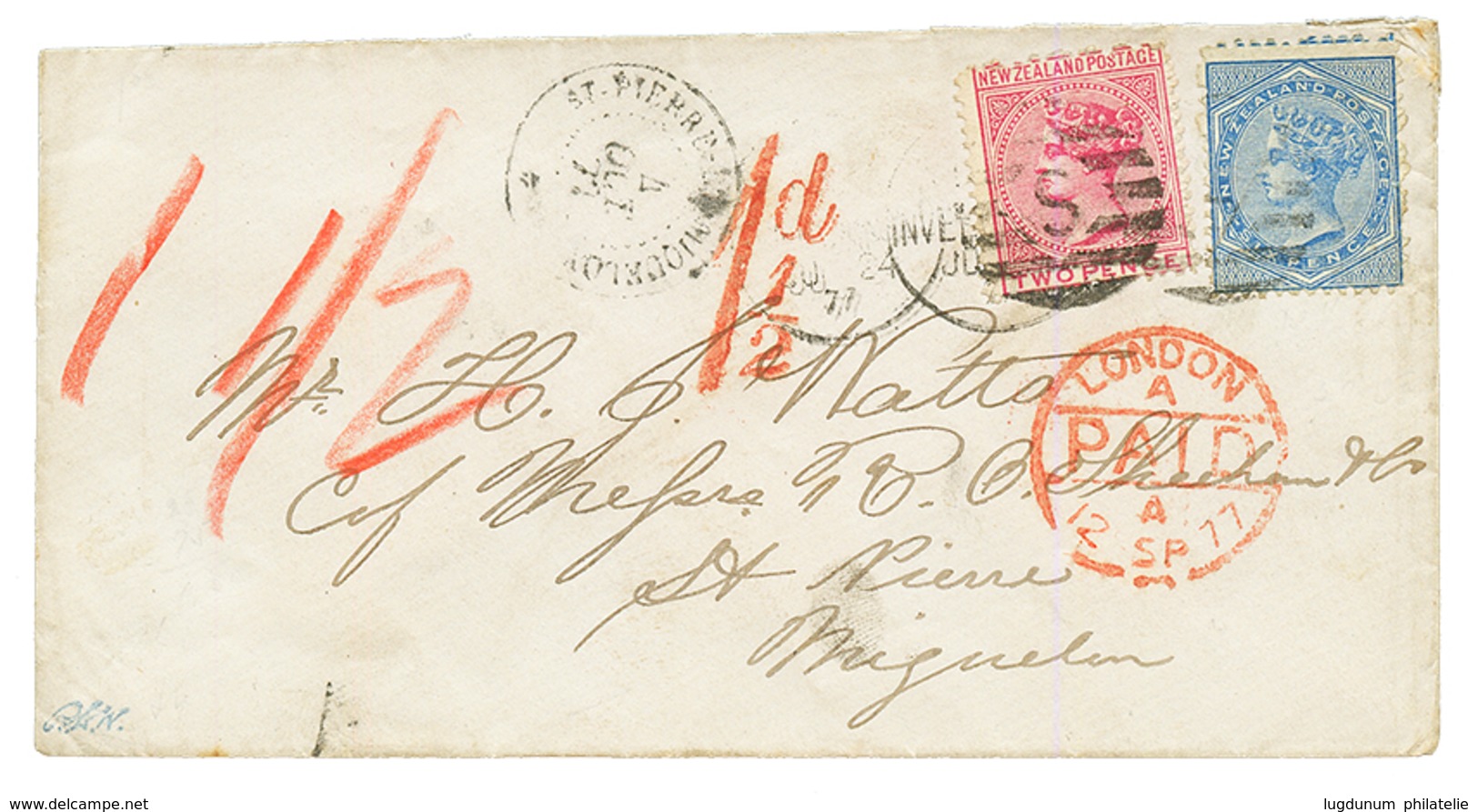 NLLE ZELANDE Pour ST PIERRE ET MIQUELON : 1877 NEW ZEALAND 2d + 6d Sur Enveloppe Pour ST PIERRE ET MIQUELON Avec Arrivée - Andere & Zonder Classificatie