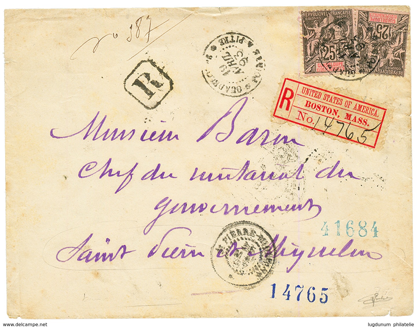 1893 GUADELOUPE 25c(x2) Sur Env. RECOMMANDEE Via BOSTON Pour ST PIERRE ET MIQUELON. TTB. - Andere & Zonder Classificatie