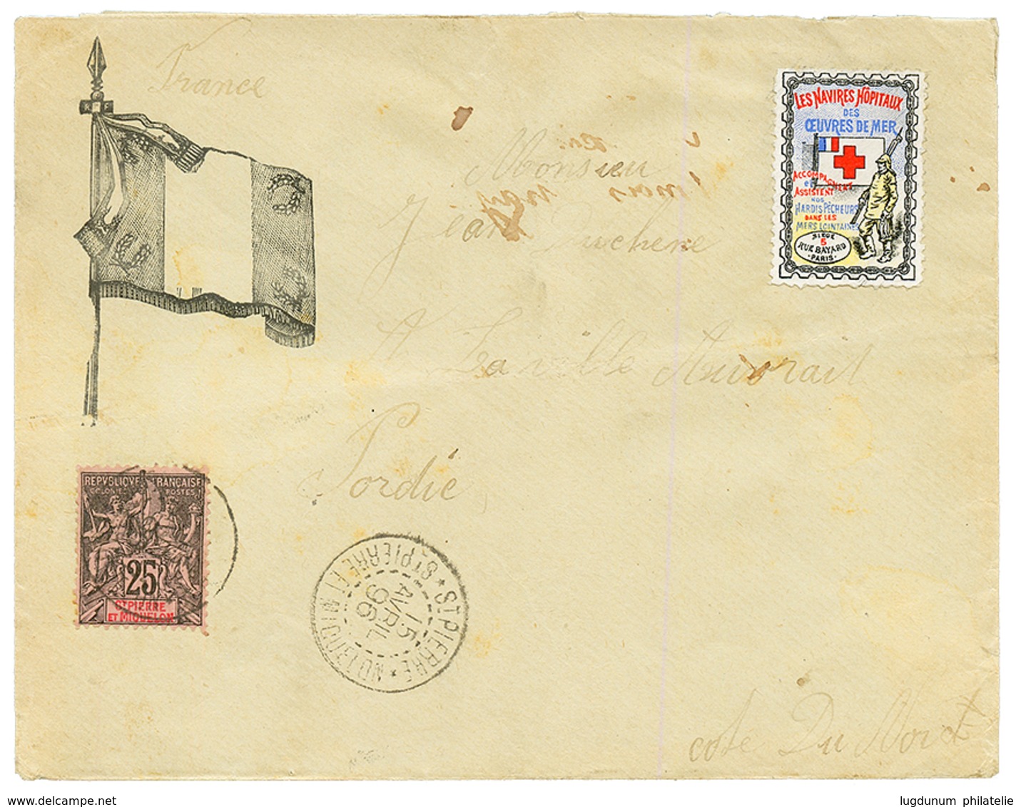 1896 25c Obl. ST PIERRE ET MIQUELON + Vignette CROIX-ROUGE "NAVIRES HOPITAUX" Sur Env. Pour La FRANCE. TB. - Andere & Zonder Classificatie