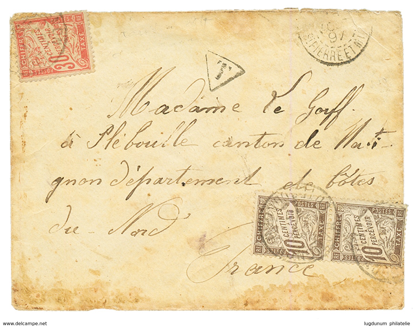 "GRANDE PECHE Voie Directe" : 1897 Cachet ST PIERRE ET MIQUELON + T Sur Env. NON Affranchie Taxée à L' Arrivée Avec 10c( - Autres & Non Classés