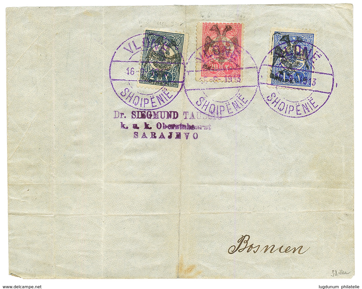 ALBANIA : 1913 20p(n°5) + 1P(n°7) + 2P (n°9) Canc. VLONE On Envelope To BOSNIA. RARE Stamps On Cover (YVERT = 610€ For S - Albanien