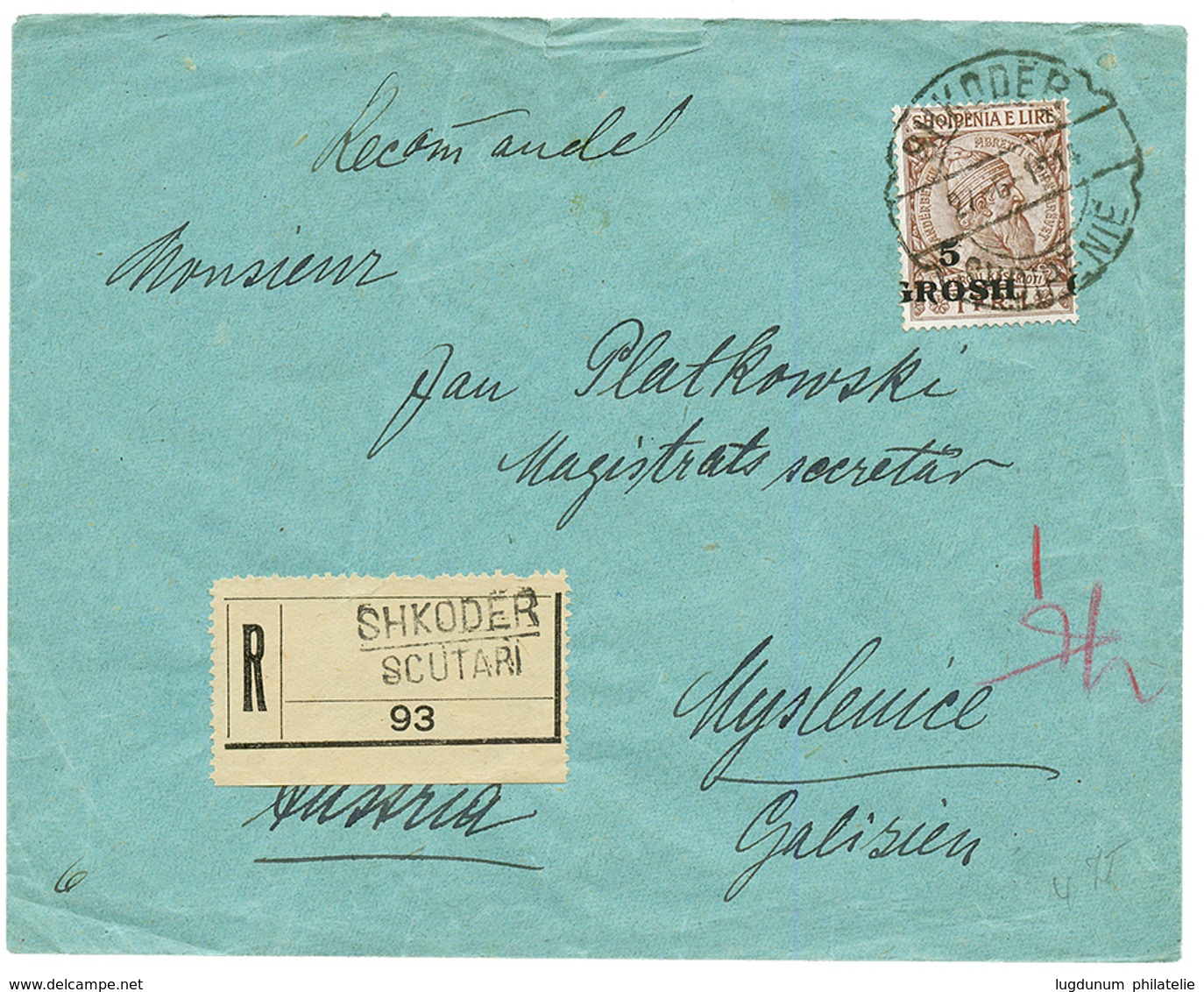 ALBANIA : 1914 5g On 1FR On REGISTERED Envelope From SCUTARI To AUSTRIA. Scarce. Vvf. - Albanië