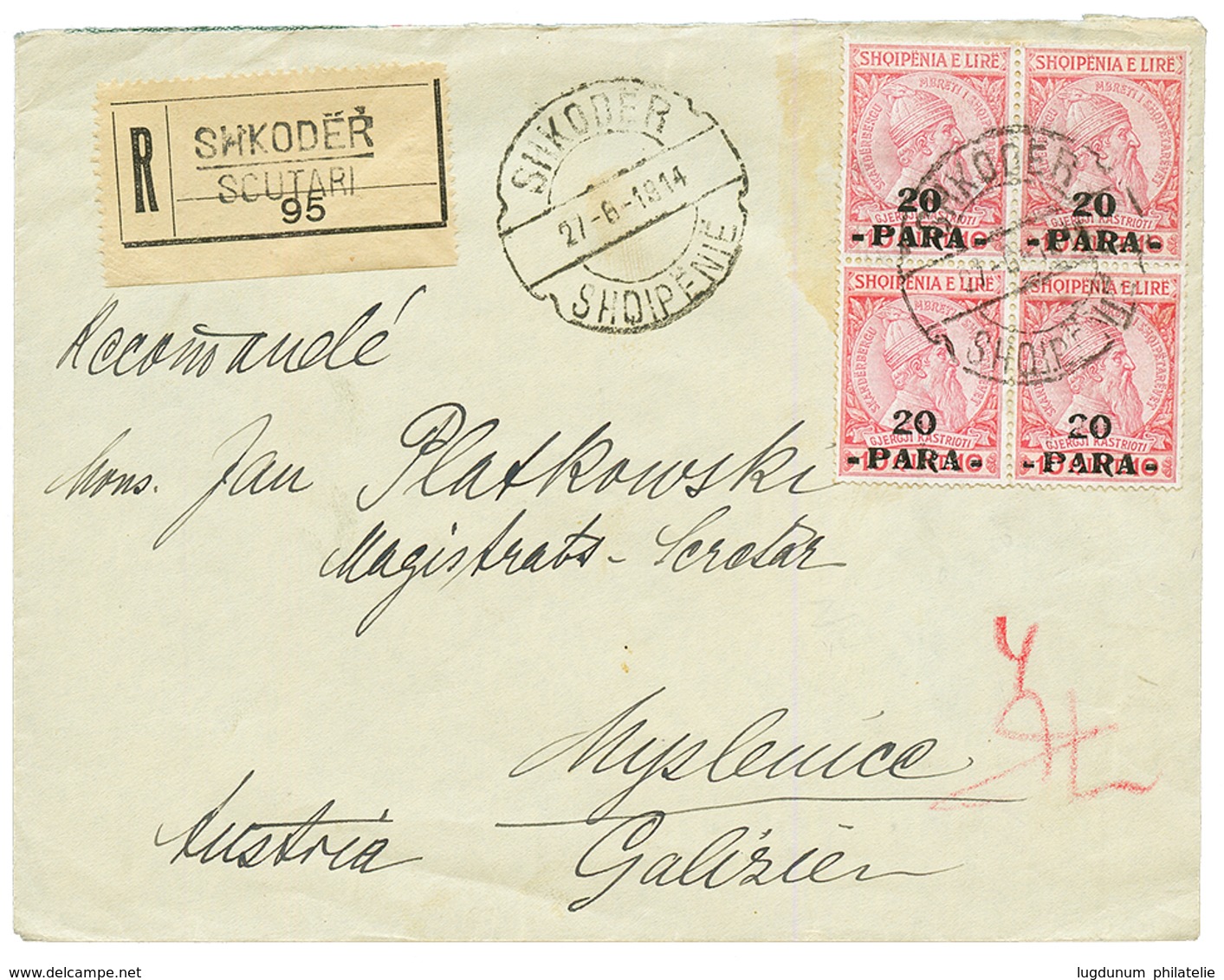 ALBANIA : 1914 20p On 10q Block Of 4 On REGISTERED Envelope From SCUTARI To AUSTRIA. RARE. Superb. - Albanien