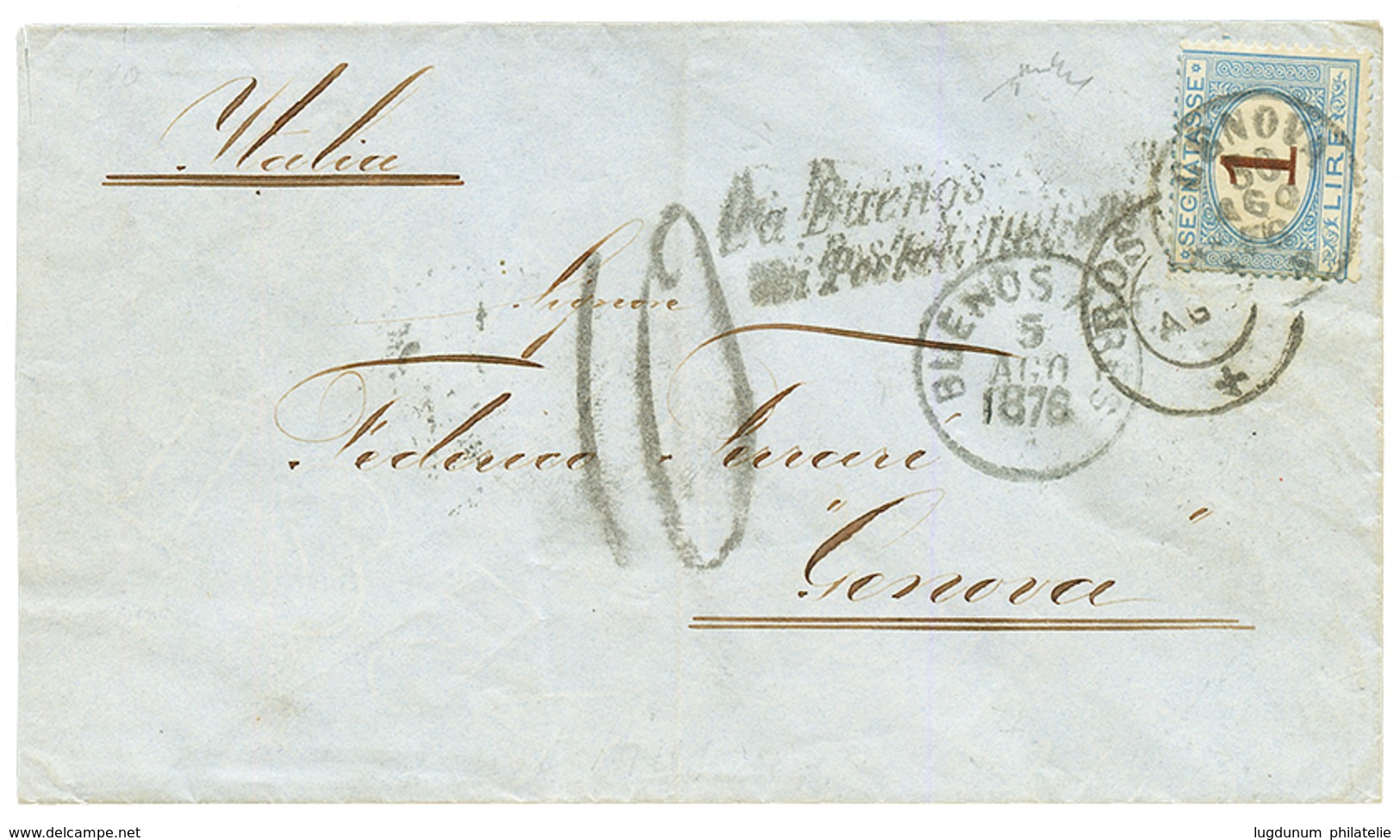 ARGENTINA : 1876 DA BUENOS AIRES / COI POSTALI ITALIANI On Envelope From ROSARIO To ITALY Taxed With 1L. Vvf. - Autres & Non Classés