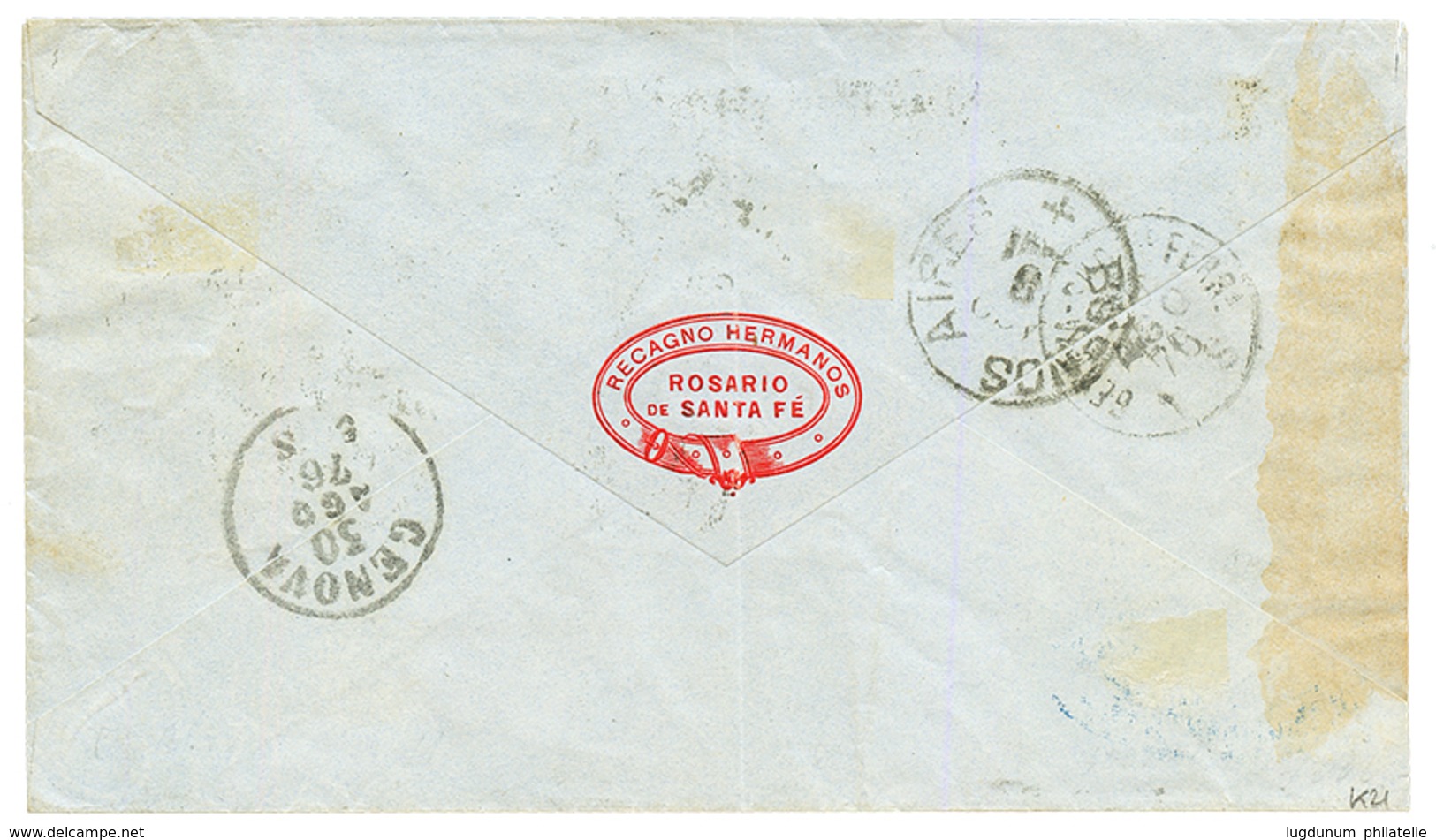 ARGENTINA : 1876 DA BUENOS AIRES / COI POSTALI ITALIANI On Envelope From ROSARIO To ITALY Taxed With 1L. Vvf. - Sonstige & Ohne Zuordnung