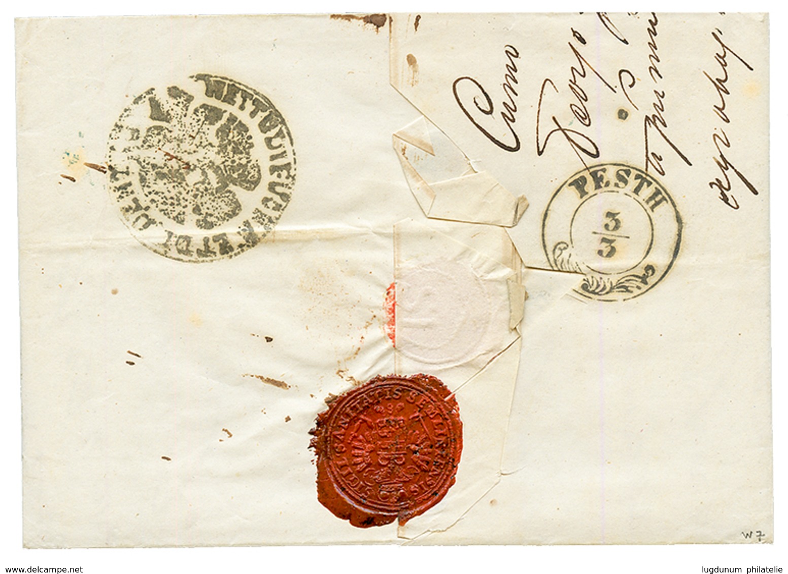 "BELGRAD Via SEMLIN : 1848 SEMLIN/ 28.FEB. On Entire Letter From BELGRAD To PEST. Verso, DISINFECTED WAX Seal. Superb. - Otros & Sin Clasificación