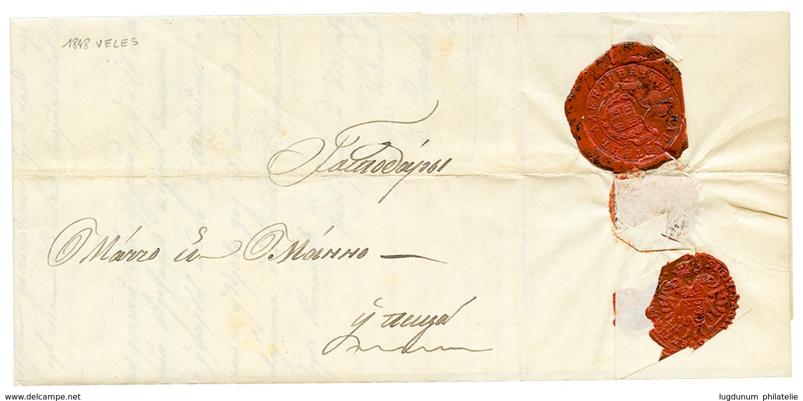 "VELES" : 1848 Rare ALEKSINAC WAX SEAL (n°1h)+ ZEMUN Wax Seal On Reverse Of Entire Letter From VELES To PEST. RARE. Vvf. - Otros & Sin Clasificación