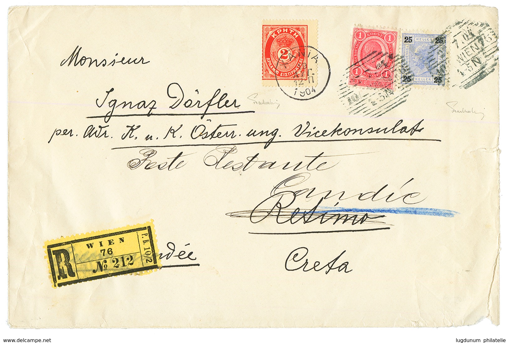 AUSTRIA : 1904 1 KR + 25h Canc. WIEN + CRETE 2d POSTAGE DUE Canc. XANIA On REGISTERED Envelope To RETIMO (CRETE) Redirec - Otros & Sin Clasificación