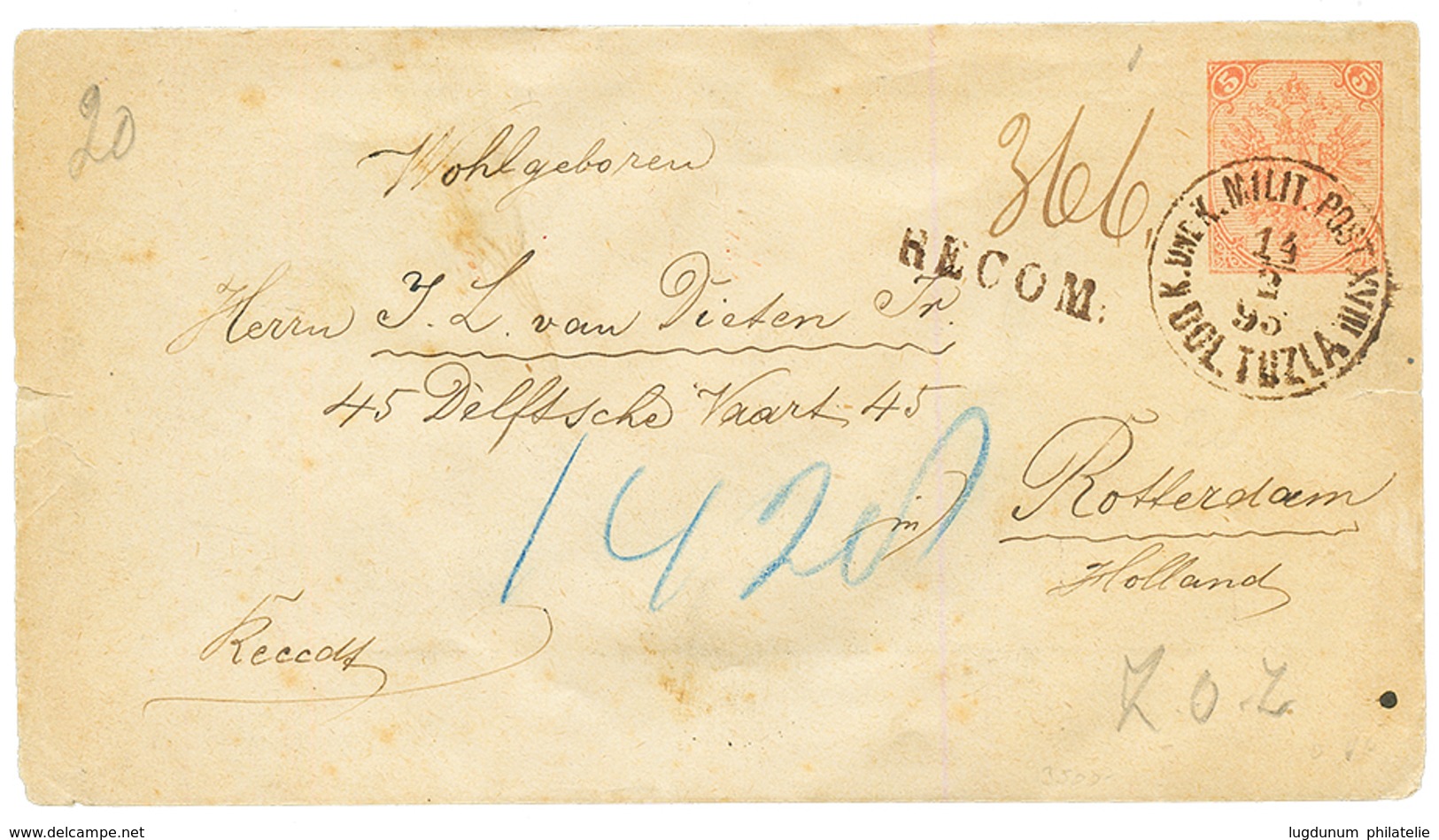 BOSNIA : 1893 P./Stat 5h + RECOM. + Verso 2h + 3h + 10h(x2) Sent REGISTERED From TUZLA To NETHERLANDS. Vf. - Bosnië En Herzegovina