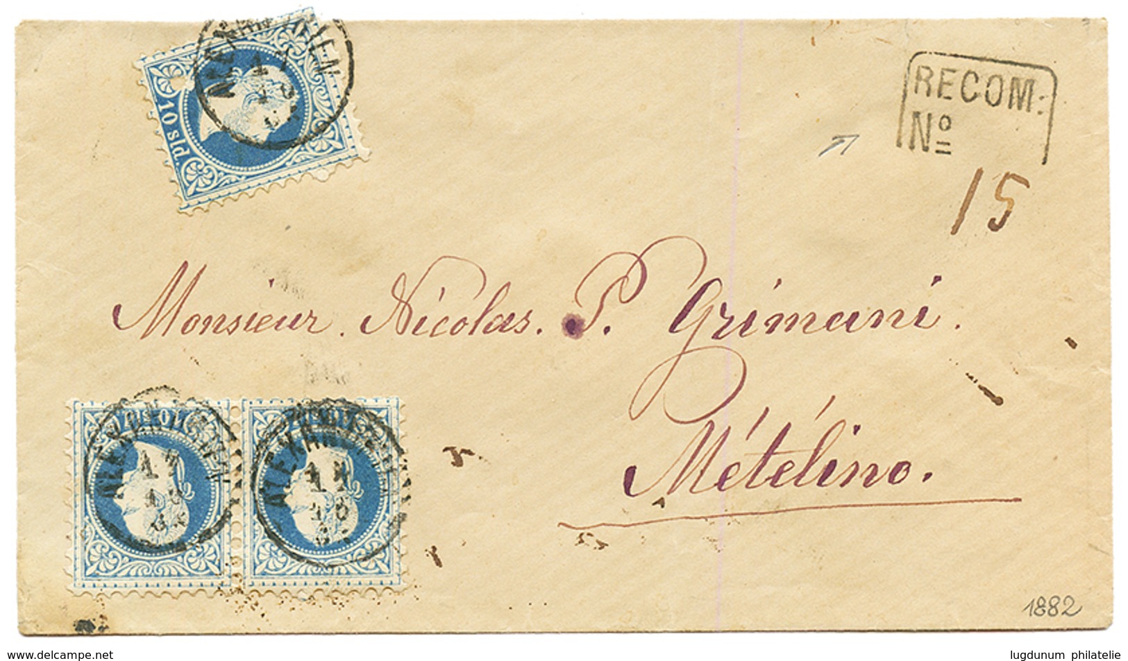 ALEXANDRIA : 10 SOLDI(x3) Canc. ALEXANDRIEN + Boxed RECOM/N° On REGISTERED Envelope To METELINO. One Stamp With Fault. S - Oostenrijkse Levant