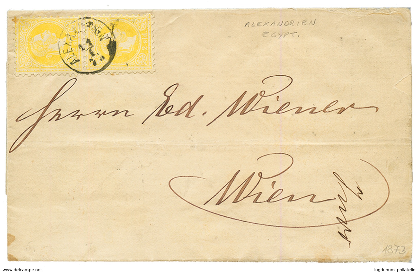 ALEXANDRIA : 1873 Pair 2 SOLDI Canc. ALEXANDRIEN On Complete PRINTED MATTER To WIEN. Scarce. Vf. - Oriente Austriaco