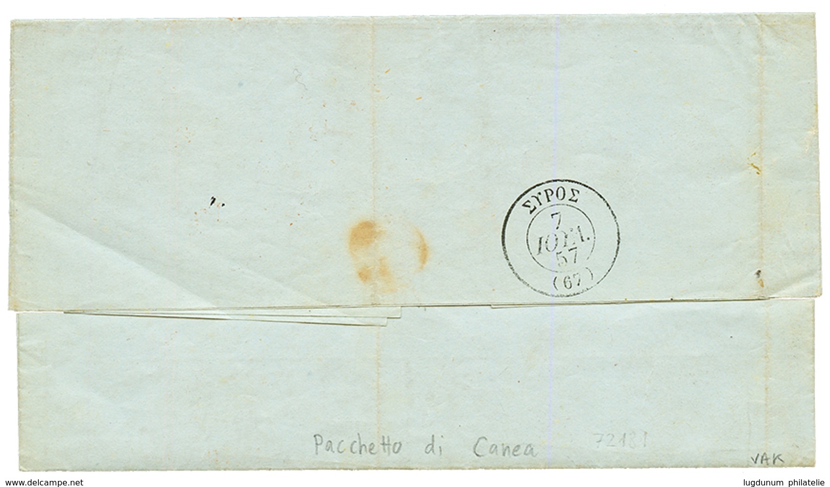 CRETE : 1857 Very Rare Maritime Cachet PACCHETTO DI CANEA / P.P On Entire Letter Datelined "XANIA" To GREECE. GREAT RARI - Levante-Marken