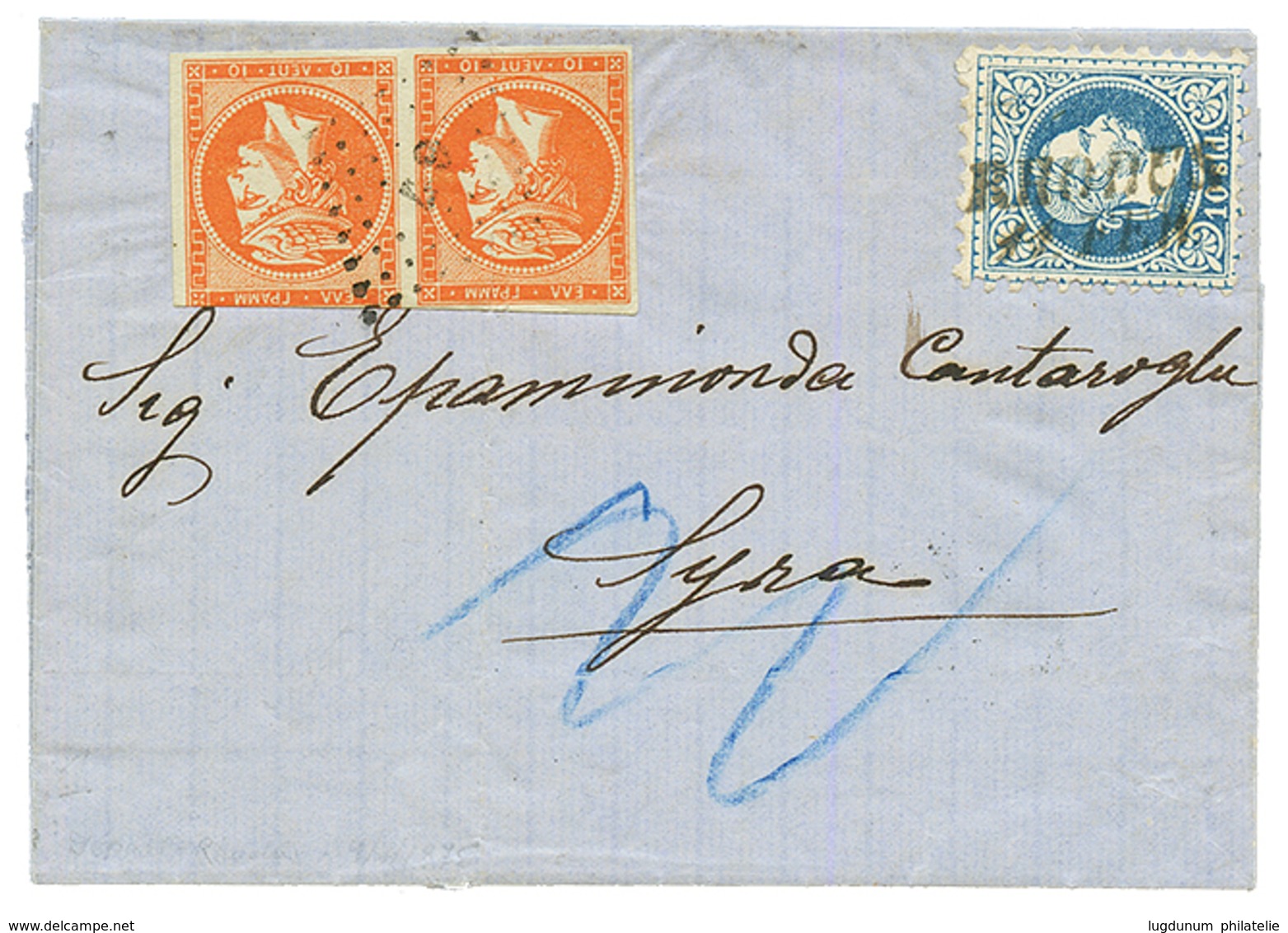 GREECE : 1875 10 SOLDI Canc. RHODUS + GRECE Pair 10l (1 Stamp Cut) Canc. 67 On Entire Letter To SYRA. MIXT Franking From - Oriente Austriaco