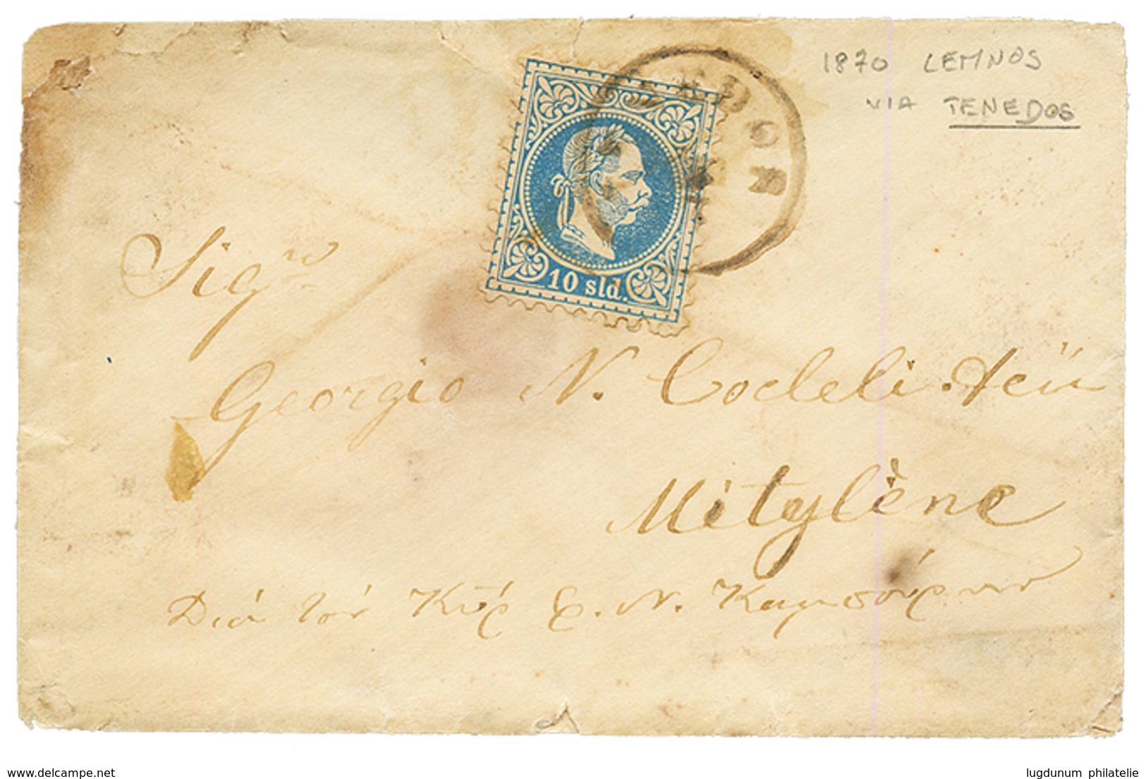 "LEMNOS Via TENEDOS" : 1870 10 SOLDI Canc. TENEDOS On Envelope (fault) With Full Text Datelined "LEMNOS" To METELINO. GR - Oriente Austriaco