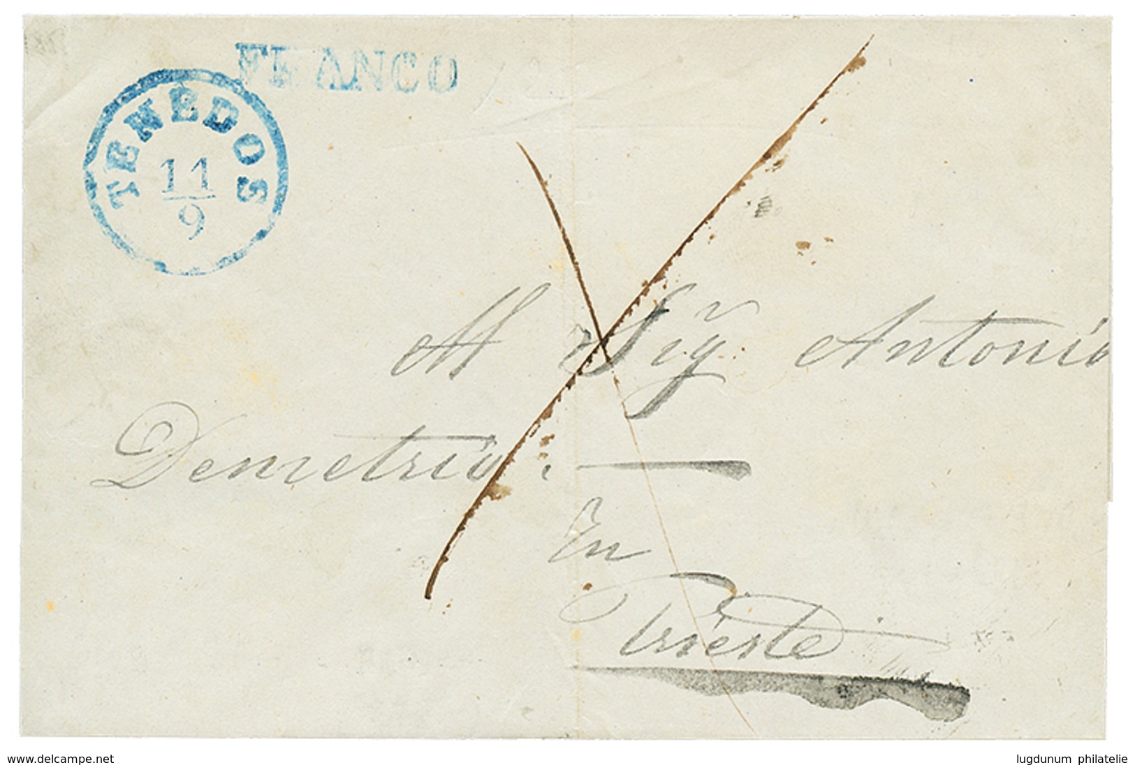 "TENEDOS" : TENEDOS + FRANCO In Blue On Cover To TRIESTE. Very Scarce. Vvf. - Levante-Marken
