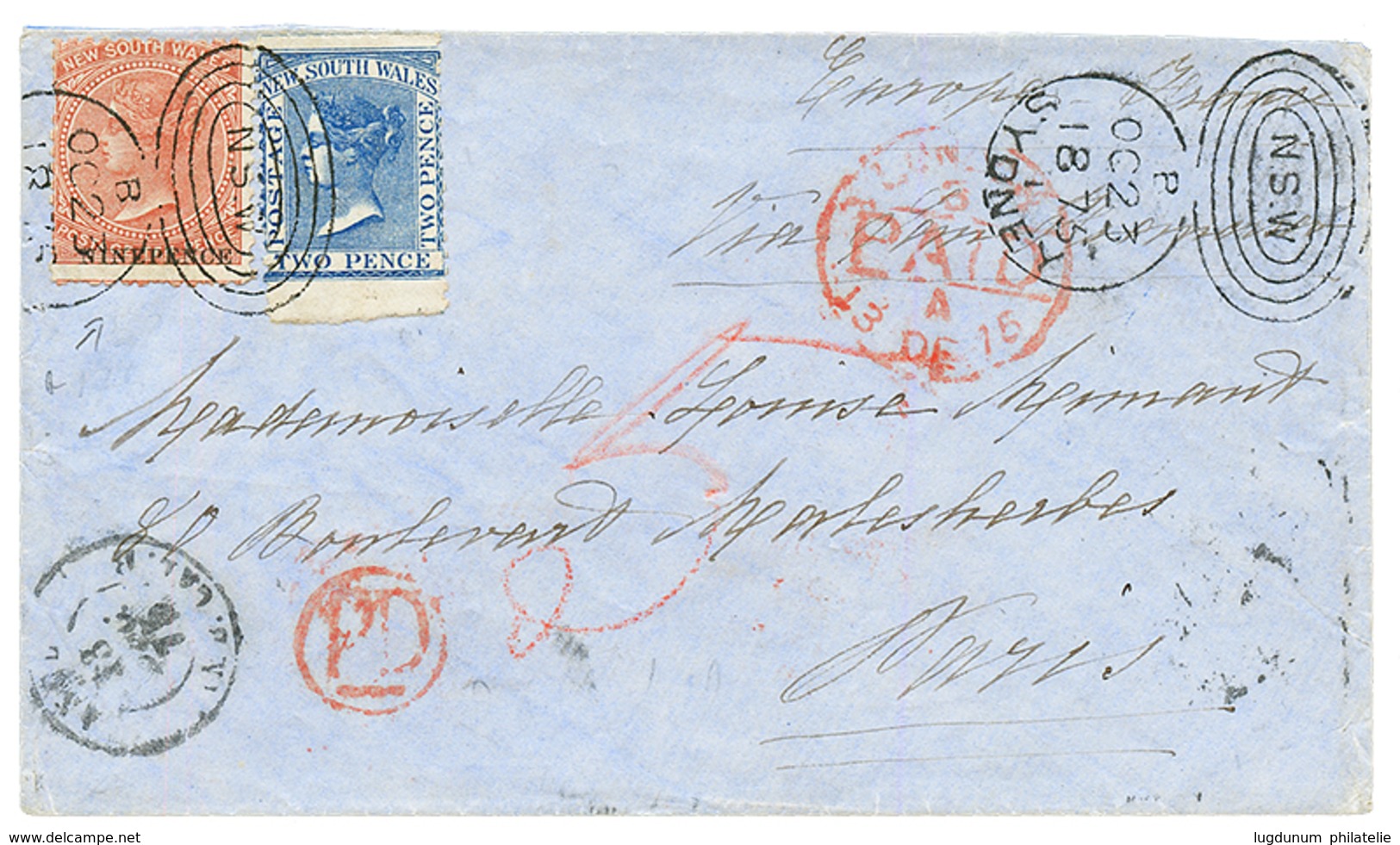 AUSTRALIA 1875 NEW SOUTH WALES 2d + NINE PENCE (rare) On Envelope From SYDNEY To FRANCE. Vvf. - Andere & Zonder Classificatie
