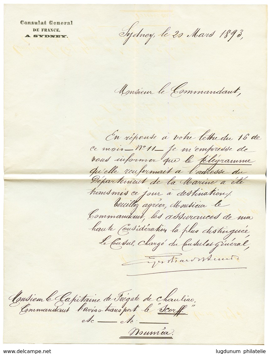 AUSTRALIA : 1893 CONSULAT DE FRANCE A SYDNEY On Envelope With Text To NOUMEA NEW CALEDONIA. Vf. - Otros & Sin Clasificación