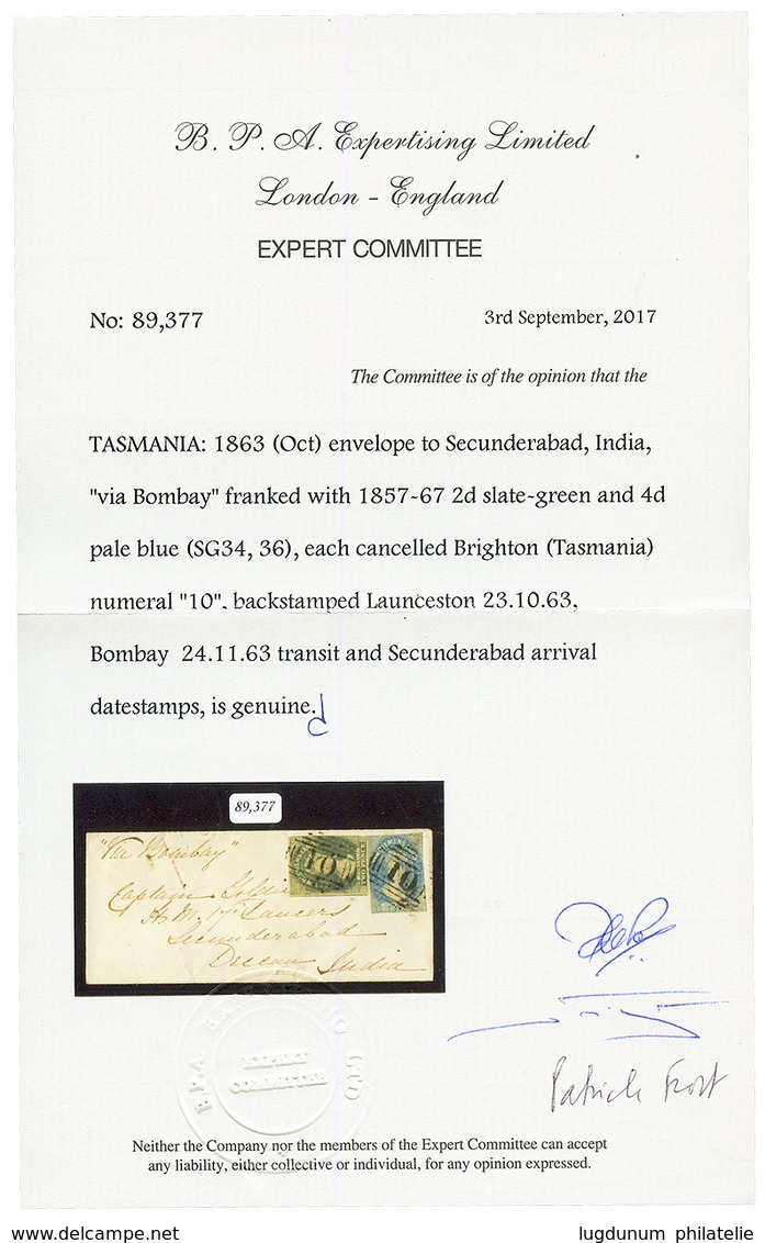 TASMANIA To INDIA : 1863 2d + 4d Canc. 10 On Envelope From BRIGHTON To INDIA. BPA Certificate (2017). Vf. - Gebruikt