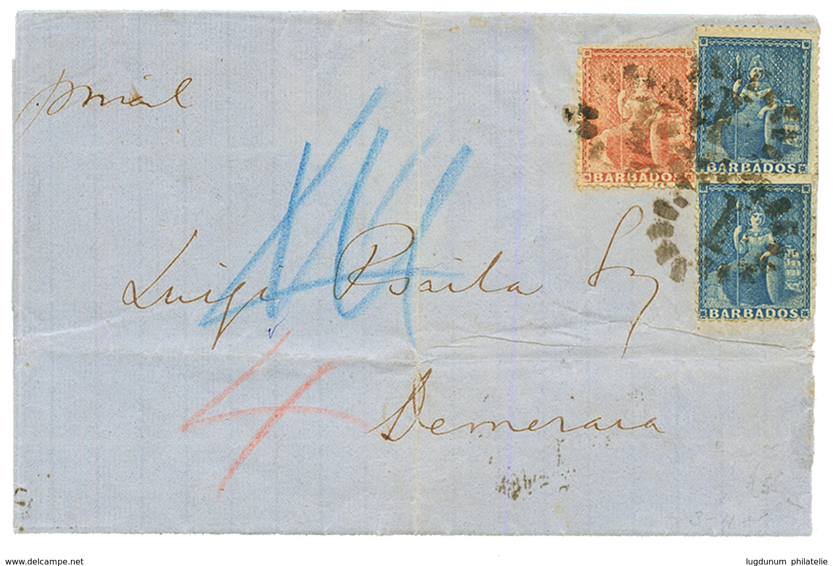 BARBADOS : 1871 1d(x2)+ 4d Canc. I + BARBADOS(verso) On Entire Letter To DEMERARA (BRITISH GUIANA). Vvf. - Barbades (...-1966)