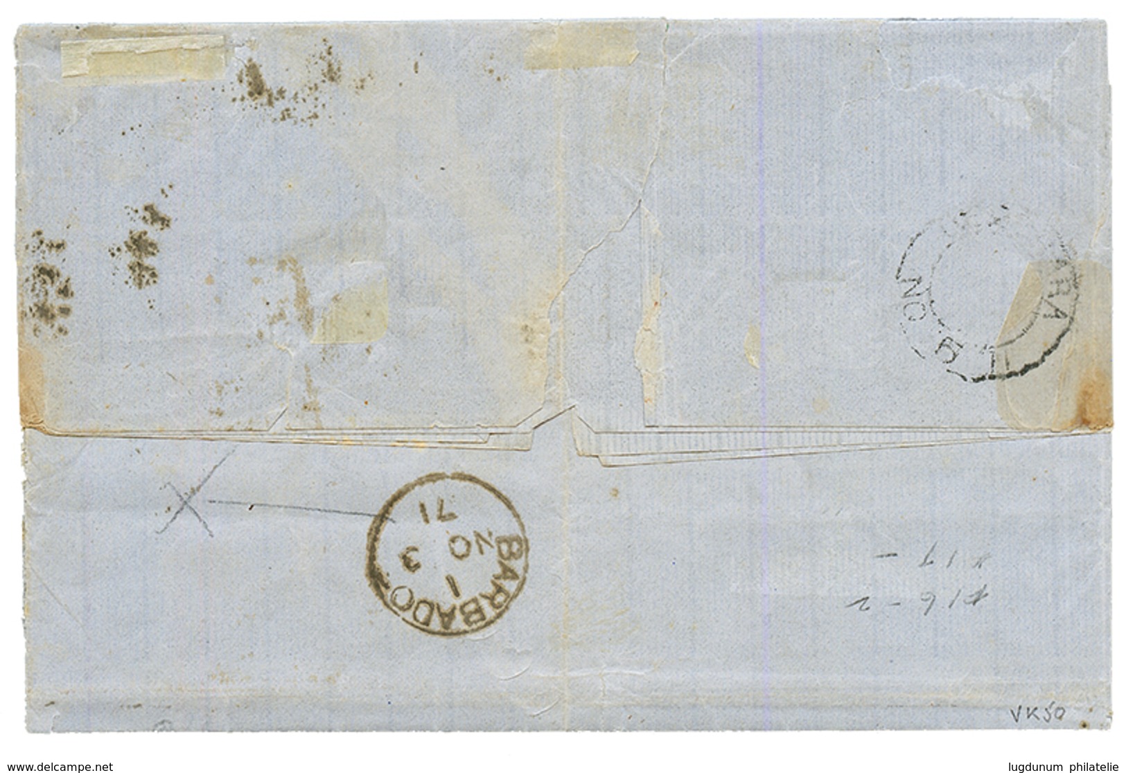 BARBADOS : 1871 1d(x2)+ 4d Canc. I + BARBADOS(verso) On Entire Letter To DEMERARA (BRITISH GUIANA). Vvf. - Barbades (...-1966)