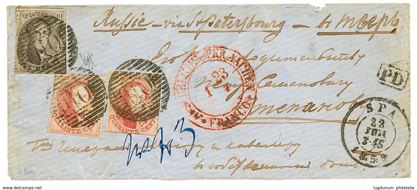 BELGIUM : 1859 10c + 40c(x2) Faults On Envelope From SPA To RUSSIA. HOLCOMBE Certificate (1992). Vf. - Autres & Non Classés