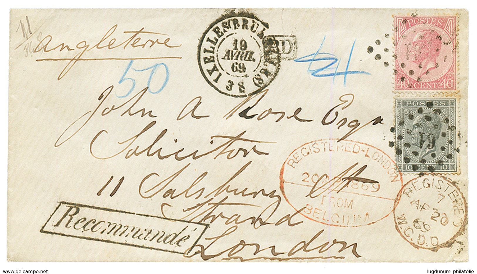 BELGIUM : 1869 10c + 40c On REGISTERED Envelope From BRUXELLES To ENGLAND. Superb. - Sonstige & Ohne Zuordnung