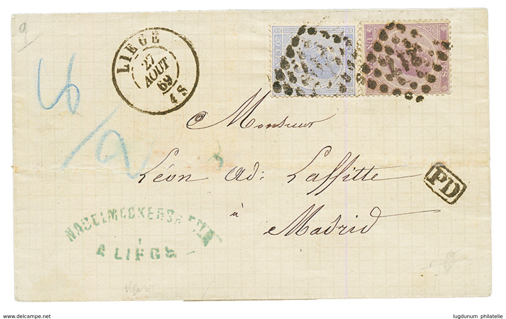 BELGIUM : 1869 20c + 1F Lilac On Cover From LIEGE To MADRID (SPAIN). Vvf. - Sonstige & Ohne Zuordnung