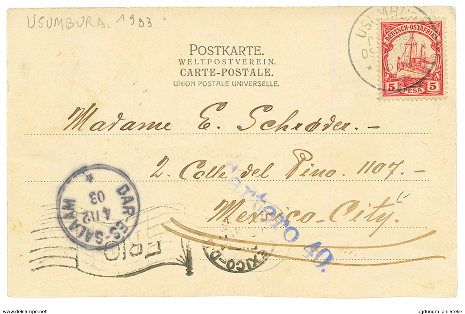 BELGIUM CONGO Via GERMAN EAST AFRICA To MEXICO : 1903 DOA 5p Canc. USUMBURA On Card Datelined " RUZIZI-KIVU CONGO BELGE" - Andere & Zonder Classificatie