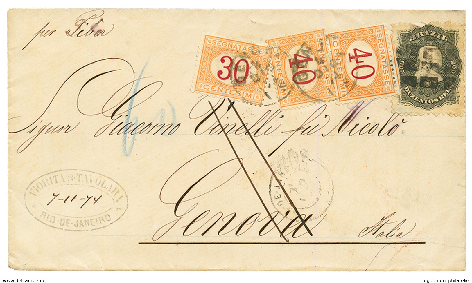 BRAZIL : 1874 DON PEDRO 200R Canc. On Envelope To GENOVA (ITALY) Taxed On Arrival With 30c + 40c(x2). Vvf. - Andere & Zonder Classificatie