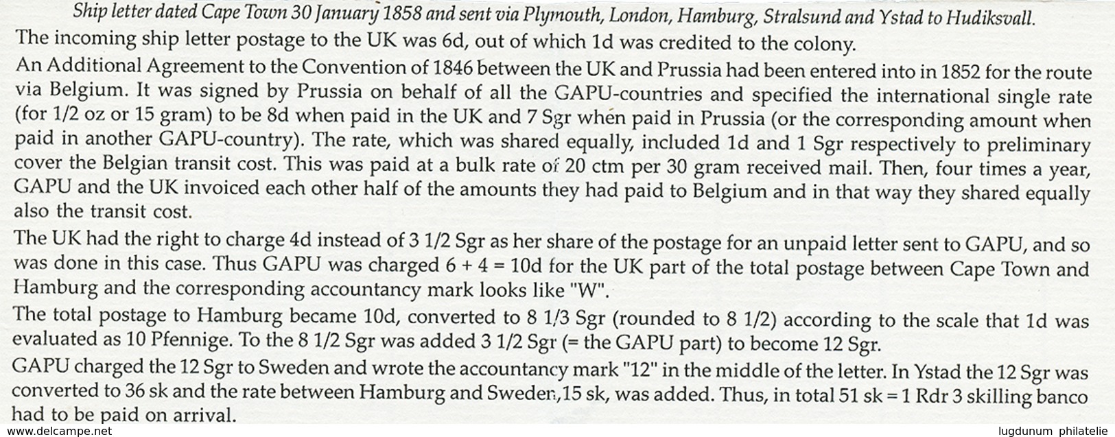 "CAPE OF GOOD HOPE To SWEDEN" : 1858 SHIP-LETTER + Tax Marking On Entire Letter From CAPE TOWN To HUDIKSVALL (SWEDEN). R - Kaap De Goede Hoop (1853-1904)