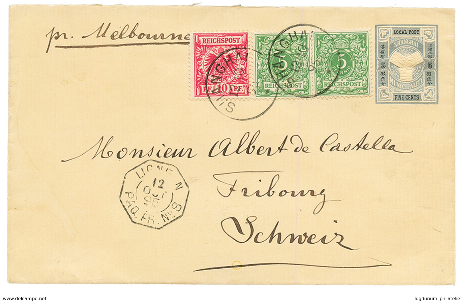 1895 CHINA LOCAL POST P./Stat 5c + GERMANY VORLAUFER 5pf(x2) + 10pf Canc. SHANGHAI To SWITZERLAND. Vvf. - Otros & Sin Clasificación