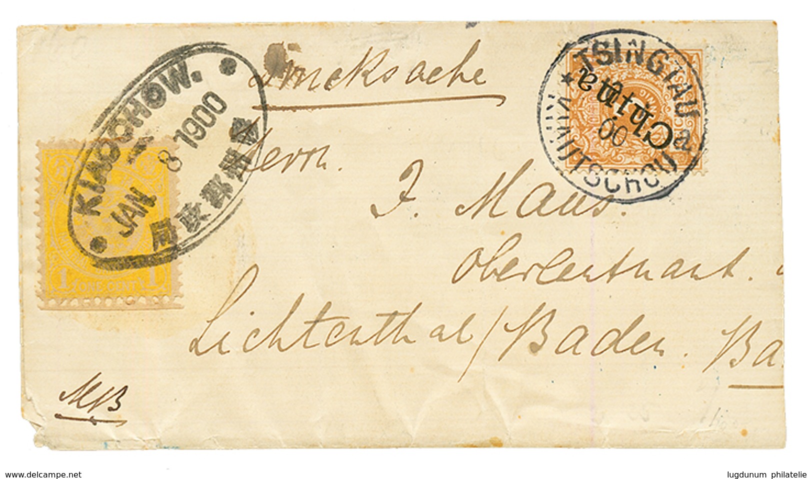 1900 MIXT CHINA 1c Canc. KIAUOCHOW + GERMAN P.O 3pf Canc. TSINGTAU KIAUTSCHOU + "DRUCKSACHE" On PRINTED MATTER Band To G - Autres & Non Classés