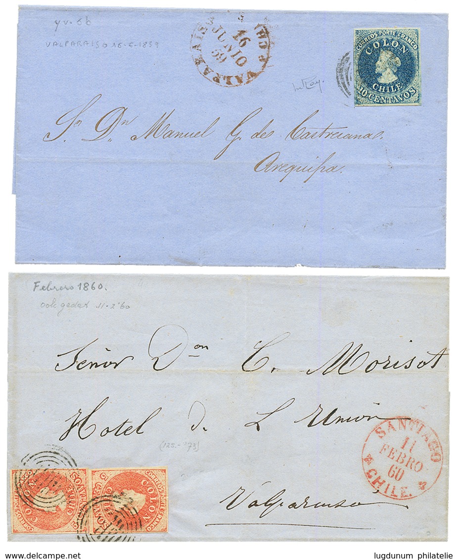 1859/60 2 Nice Covers From CHILE With 10c Or Pair 5c. Vvf. - Chile