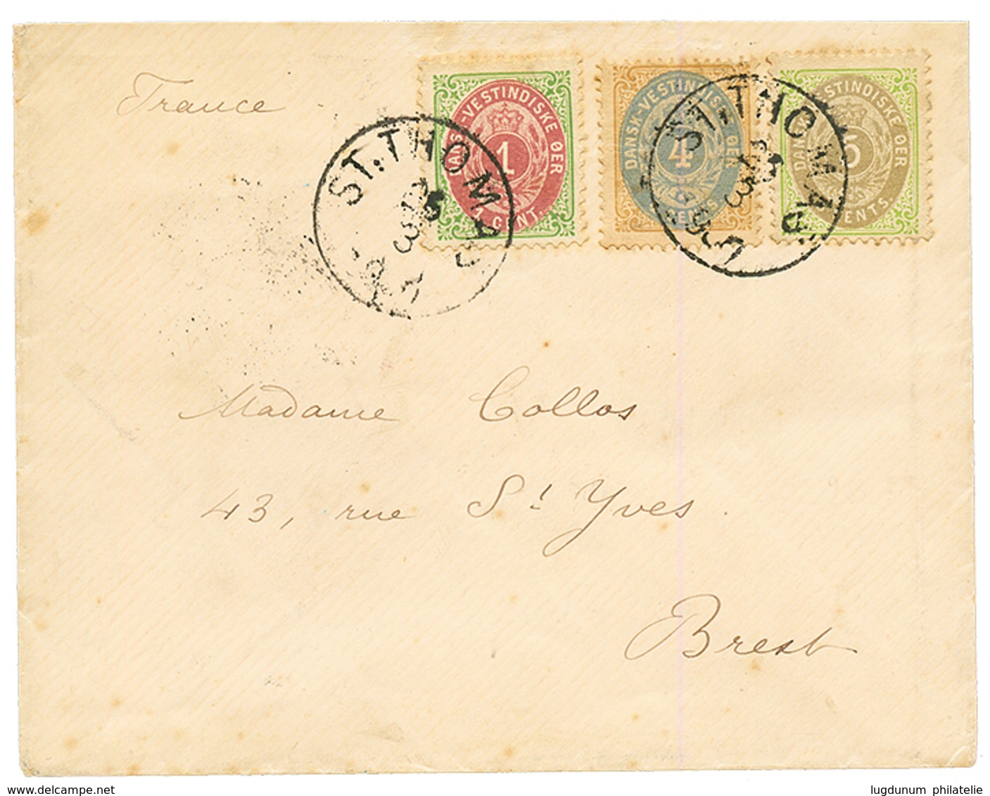 DANISH WEST INDIES : 1900 1c + 4c + 5c Canc. ST THOMAS On Envelope To BREST (FRANCE). Vf. - Deens West-Indië