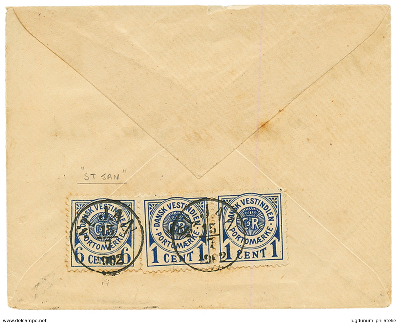 DANISH WEST INDIES - ST JAN : 1902 POSTAGE DUES 1c(x2) + 6c Canc. By Very Rare Cachet ST JAN On Reverse Of Taxed Envelop - Danemark (Antilles)