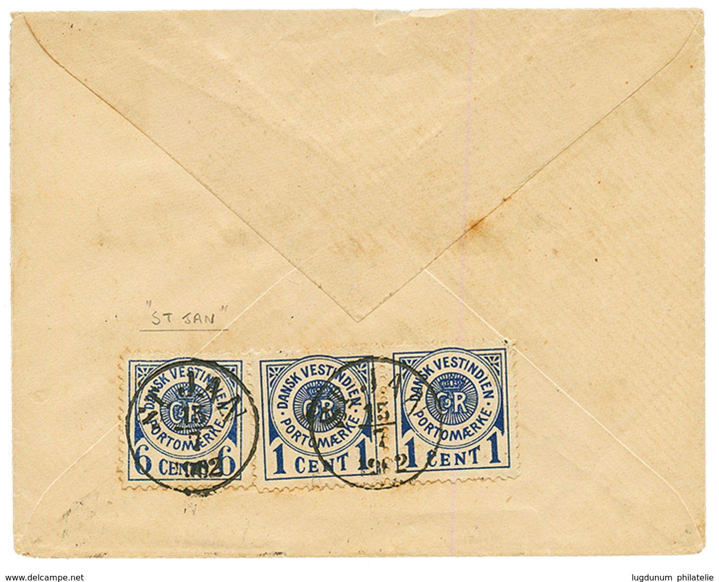 DANISH WEST INDIES - ST JAN : 1902 POSTAGE DUES 1c(x2) + 6c Canc. By Very Rare Cachet ST JAN On Reverse Of Taxed Envelop - Deens West-Indië