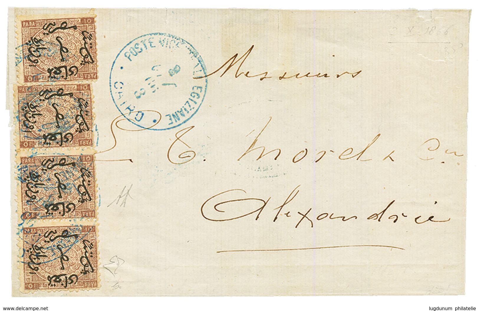 EGYPT : 1866 FIRST ISSUE 10 PARA (x4) Canc. CAIRO On Cover To ALEXANDRIA. DIENA Certificate (1978). Vvf. - Altri & Non Classificati