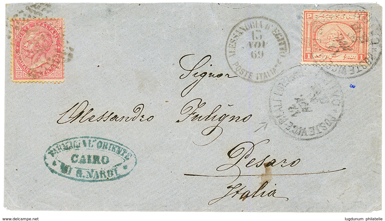 EGYPT : 1869 ITALY 40c Canc. 234 + ALESSANDRIA D' EGITTO + EGYPT 1P Canc. POSTE VICE REALI EGIZIANE CAIRO On Envelope To - Otros & Sin Clasificación