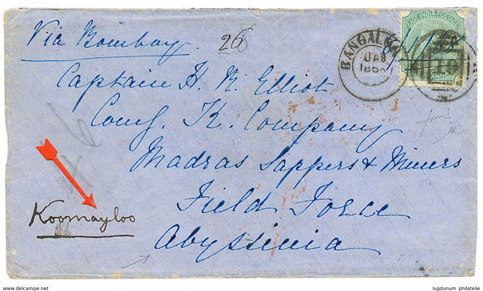 ETHIOPIA - INDIA To FIELD FORCE ABYSSINIA : 1868 INDIA 4a On Envelope From BANGALORE To FIELD FORCE ABYSSINIA Redirected - Etiopía