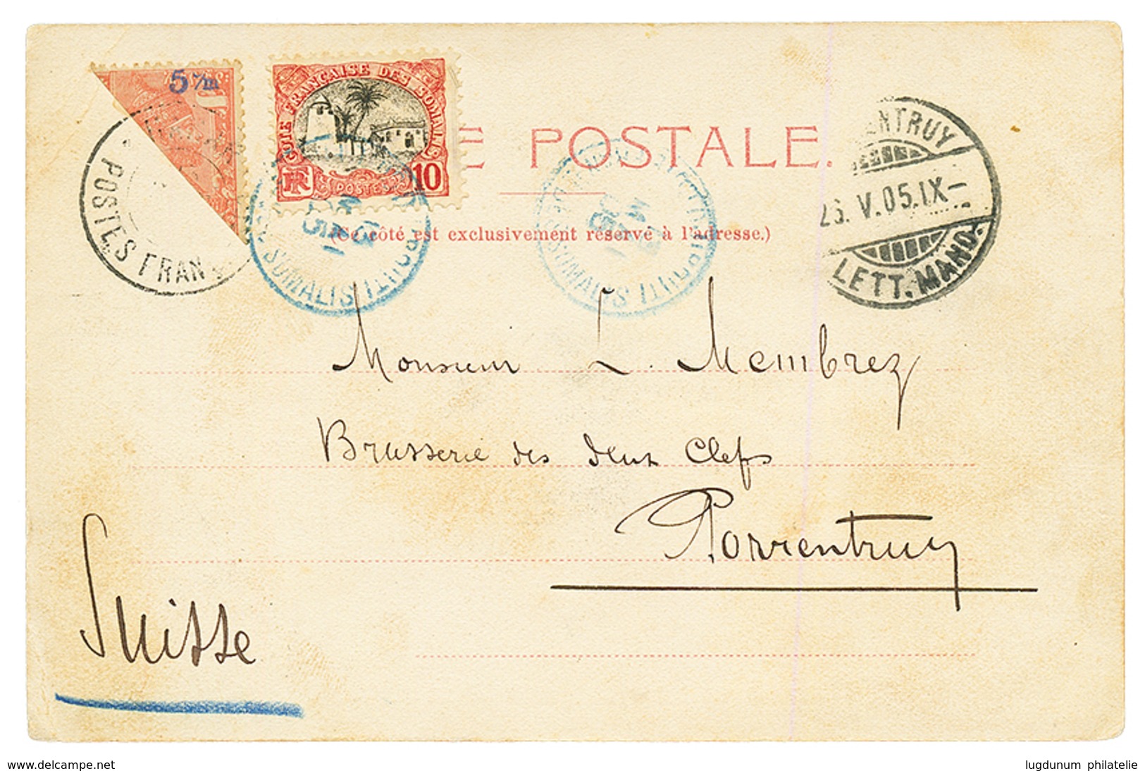 ETHIOPIA : 1905 ETHIOPIA Bisect 5m + SOMALI COAST 10c Canc. DJIBOUTI On Card To SWITZERLAND. Vvf. - Etiopía