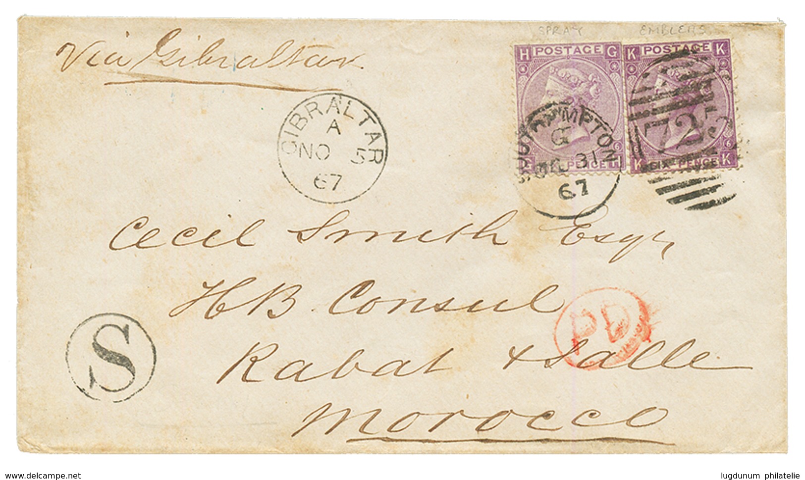 GB To MOROCCO : 1867 GB 6d(x2) On Envelope From SOUTHAMPTON Via GIBRALTAR To RABAT MOROCCO. Vvf. - Andere & Zonder Classificatie