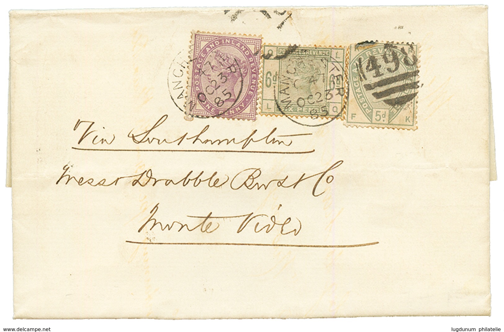 GREAT BRITAIN : 1885 1p + 5d Green + 6d (fault) On Entire Letter From MANCHESTER To MONTEVIDEO. RARE. Vvf. - Otros & Sin Clasificación