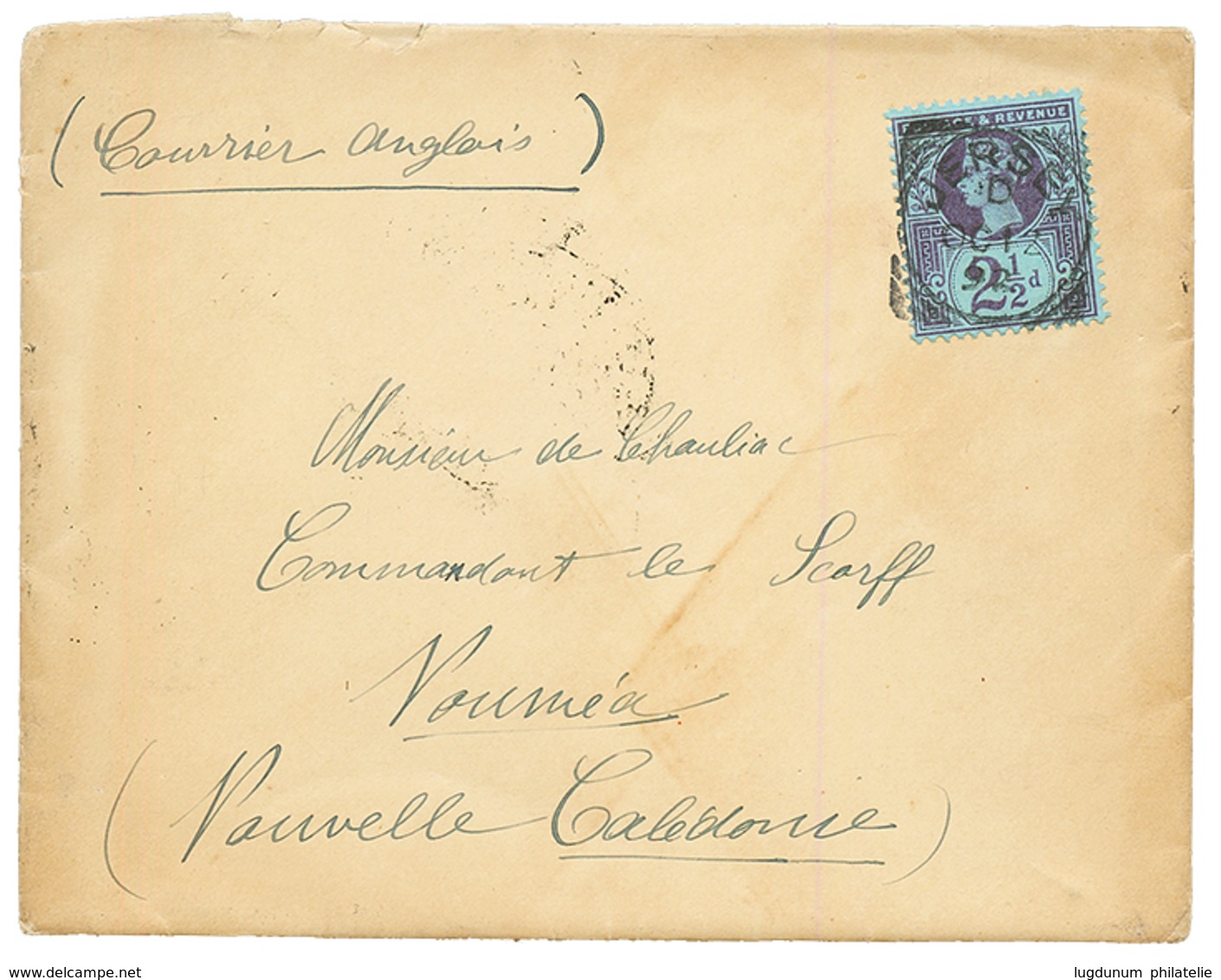 CHANNEL ISLANDS To NEW CALEDONIA : 1892 GB 2 1/2d Canc. JERSEY On Envelope With Full Text To NOUMEA. Verso, SYDNEY. Very - Andere & Zonder Classificatie