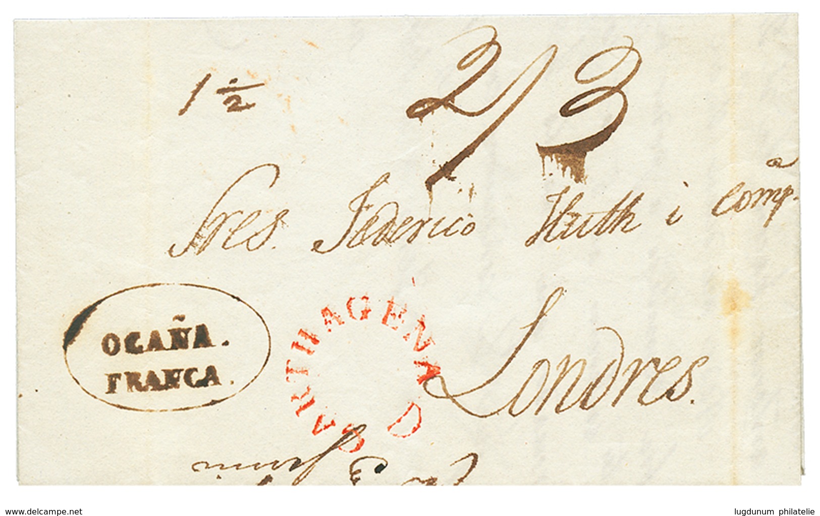 COLUMBIA : 1844 OCANA FRANCA + British CARTHAGENA In Red + KINGSTON JAMAICA (verso) On Entire Letter From OCANA To ENGLA - Sonstige & Ohne Zuordnung