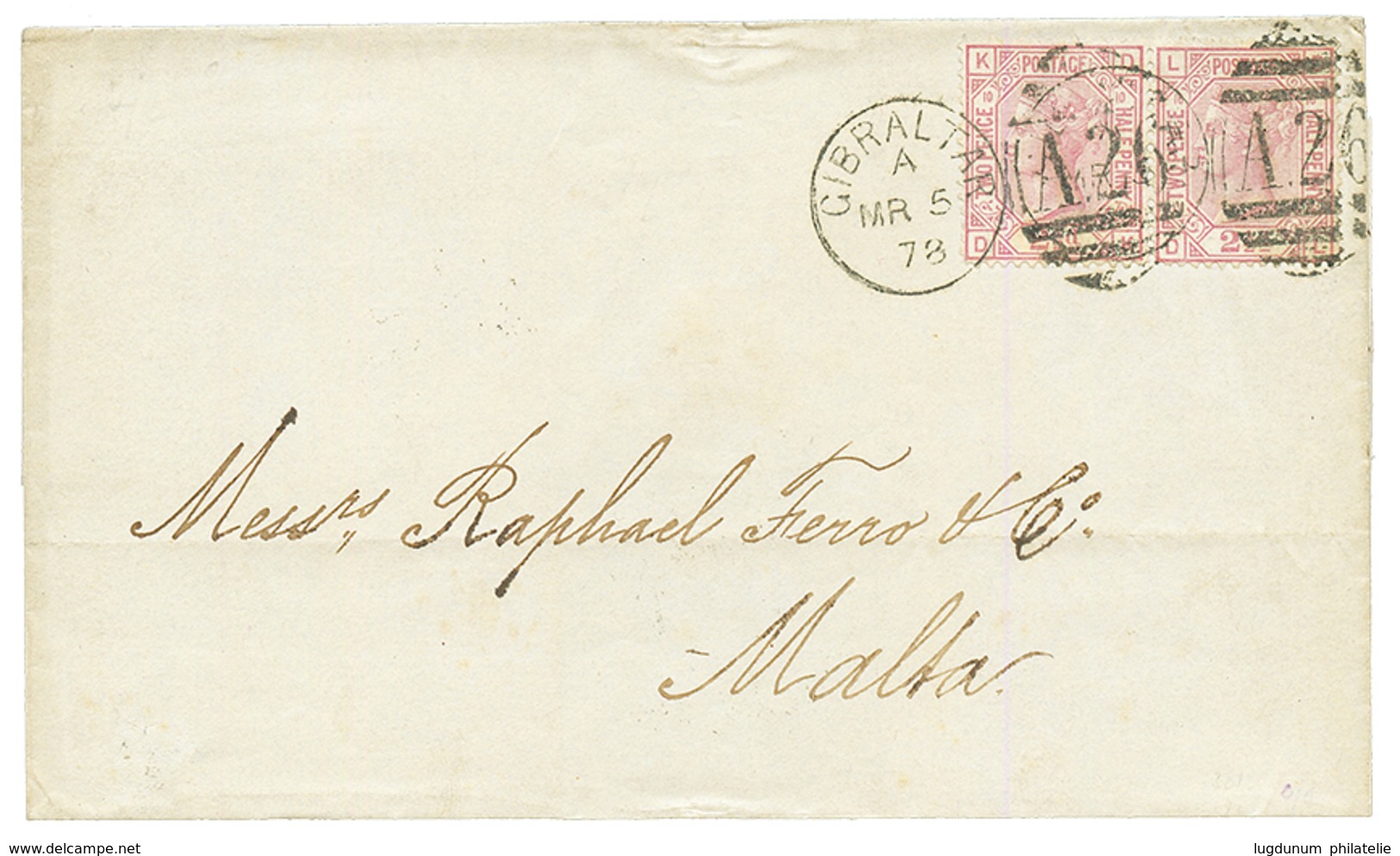 1878 GB Pair 2 1/2d (pl. 10) Canc. A26 + GIBRALTAR On Cover To MPALTA. Superb. - Other & Unclassified