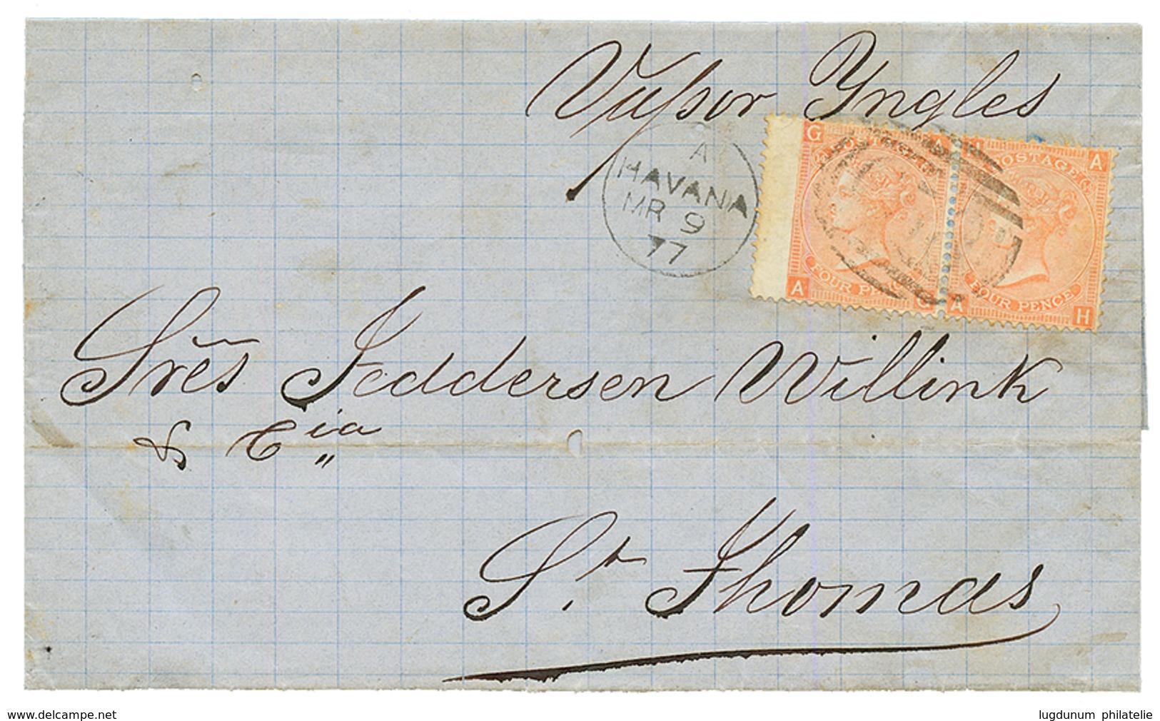 GB Used Abroad - CUBA : 1877 Pair 4d Canc. C58 + HAVANA On Entire Letter To ST THOMAS (D.W.I). Vvf. - Andere & Zonder Classificatie