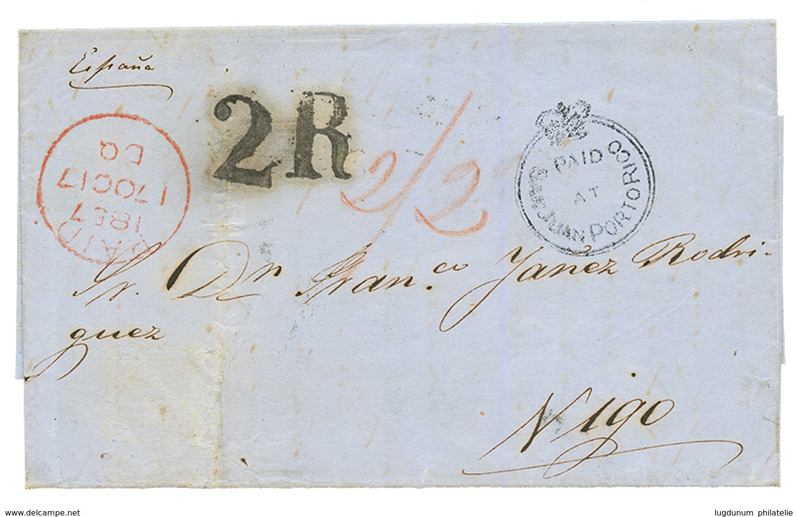 1857 CROWN CIRCLE PAID AT SAN JUAN PORTO RICO On Entire Letter To VIGO (SPAIN). Superb. - Andere & Zonder Classificatie