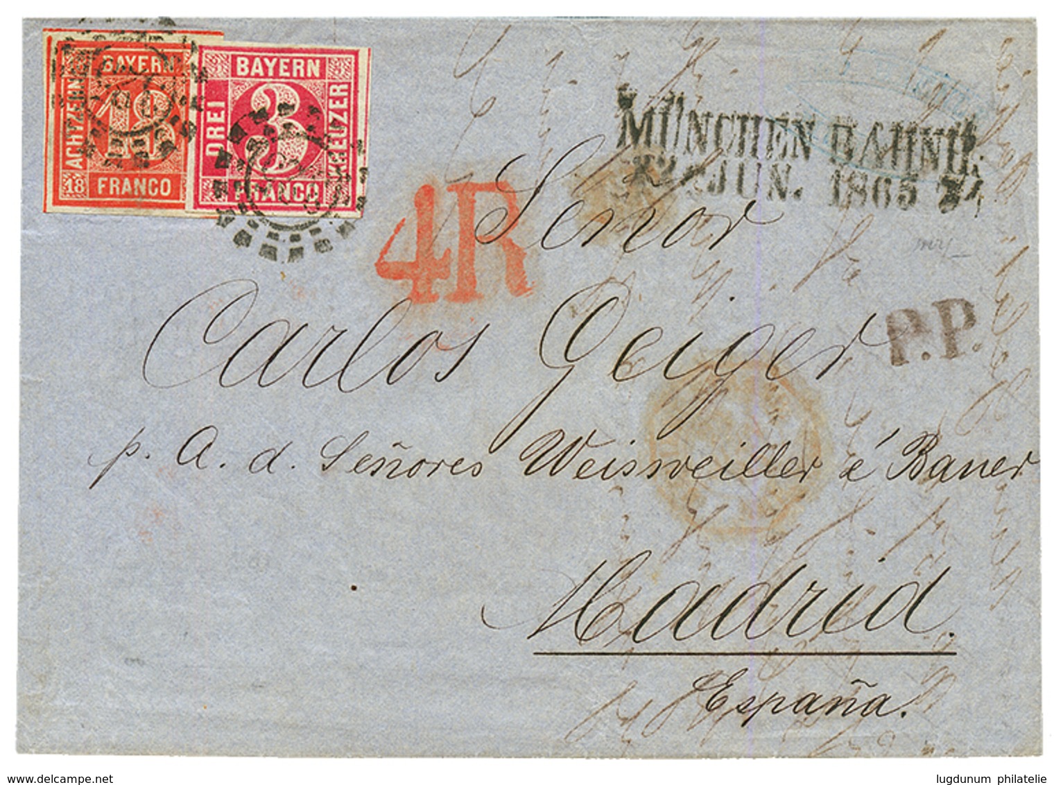 BAVARIA : 1865 18K + 3K Canc. 325 + MUNCHEN BAHNH. On Cover To MADRID (SPAIN). P. SEM Certificate (2016). Scarce. Vf. - Andere & Zonder Classificatie