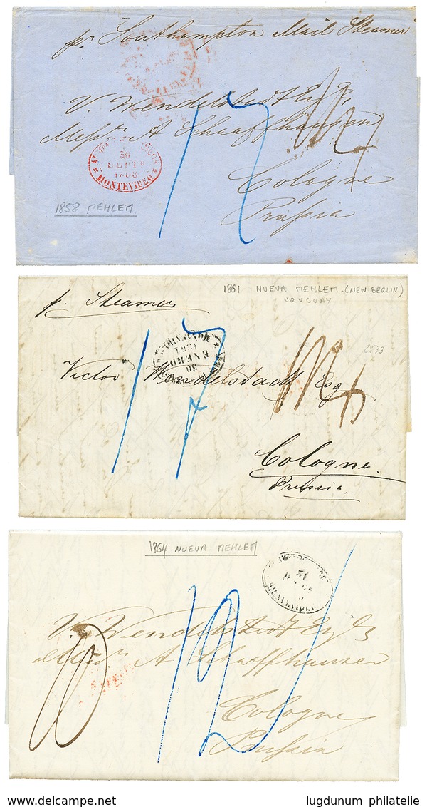 NEW MEHLEM (NUEVO BERLIN) - URUGUAY German Settlements : 1858/1864 3 Entire Letters From NUEVA MEHLEN To COLOGNE (GERMAN - Otros & Sin Clasificación